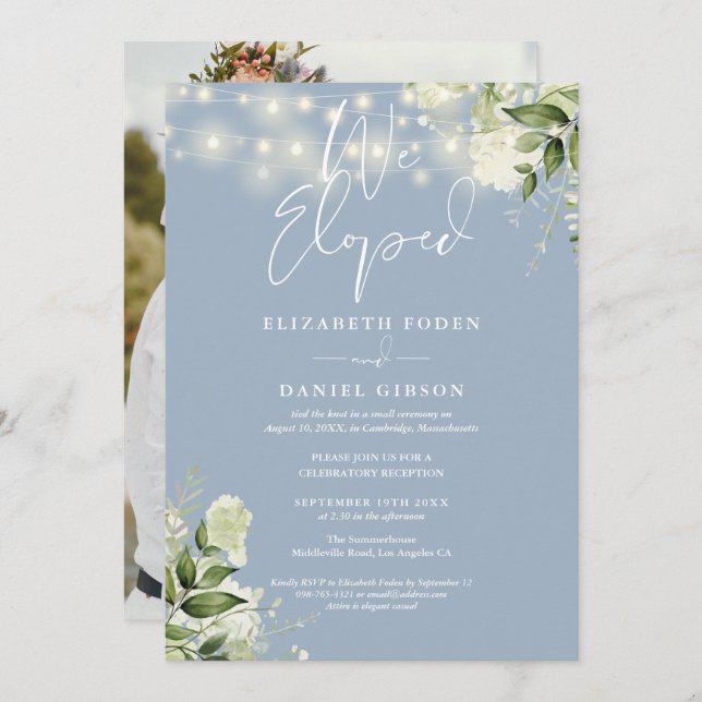 Invitation We Eloped Greenery Dusty Blue Photo Wedding Party (Devant / Derrière)