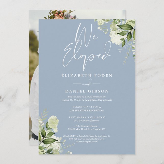 Invitation We Eloped Greenery Dusty Blue Photo Wedding Party (Devant / Derrière)