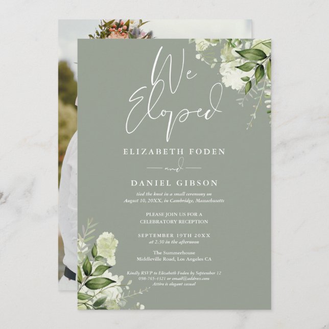 Invitation We Eloped Greenery Sage Green Photo Wedding Party (Devant / Derrière)