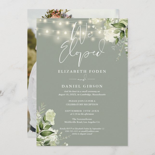 Invitation We Eloped Greenery Sage Green Photo Wedding Party (Devant / Derrière)