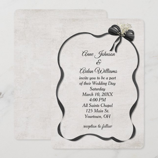 Invitation Wedding Black Bow and Ribbon with Baby's Breath (Devant / Derrière)