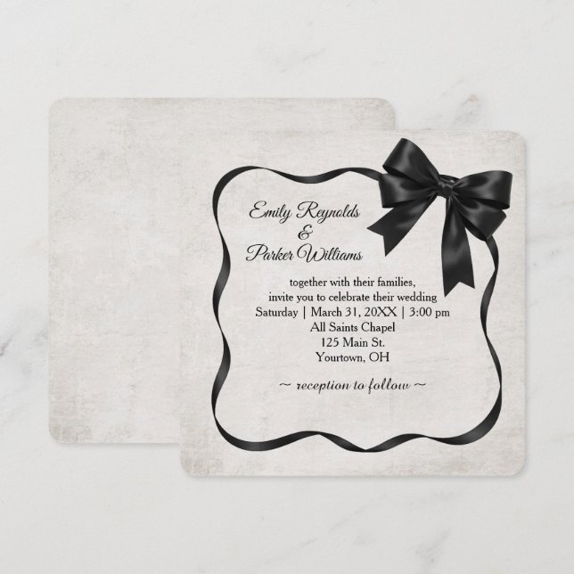 Invitation Wedding Black Satin Ribbon Frame and Bow (Devant / Derrière)