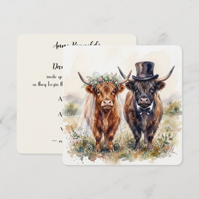 Invitation Wedding Bride and Groom Highland Cows (Devant / Derrière)