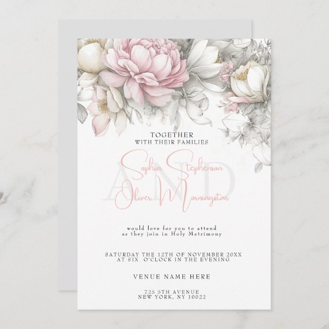 Invitation Wedding | Classic Modern Ivory and Blush Floral  (Devant / Derrière)