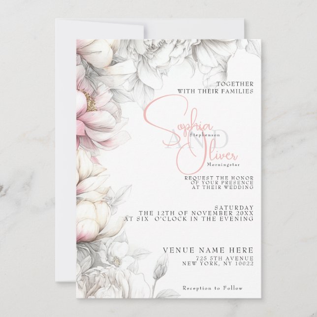 Invitation Wedding | Classic Modern Ivory and Blush Floral  (Devant)