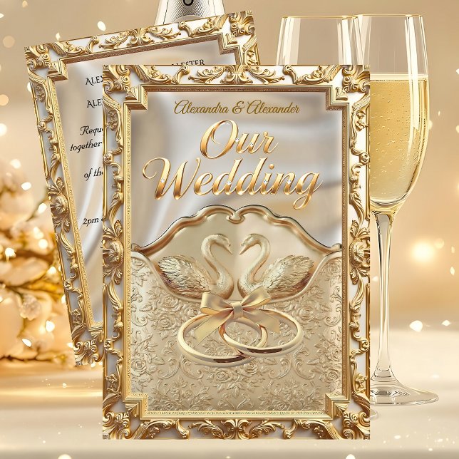 Invitation Wedding Cream Gold Swans Rings Gold Diamonds (Créateur téléchargé)
