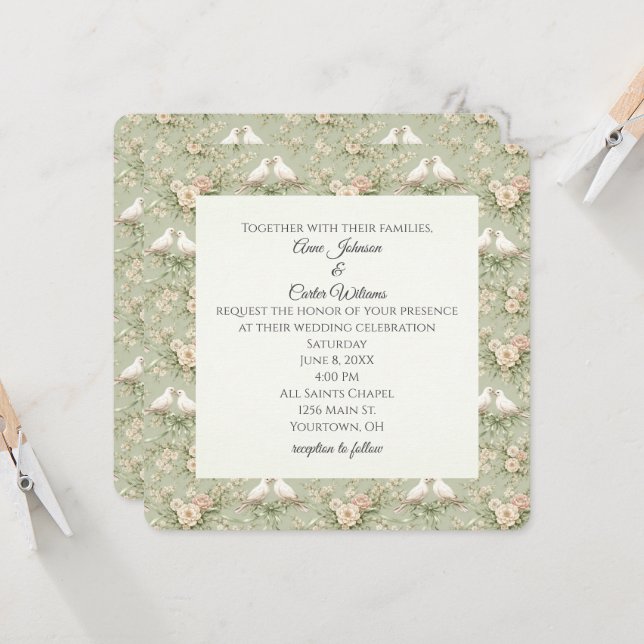 Invitation Wedding Doves and Sage Green Ribbons (Devant/Arrière en situation)