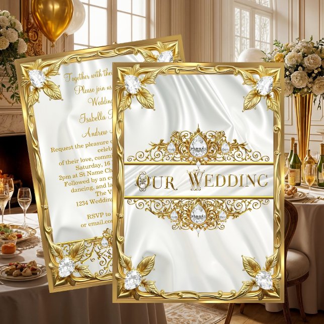 Invitation Wedding Elegant Gold Silk White Diamonds Gems (Créateur téléchargé)