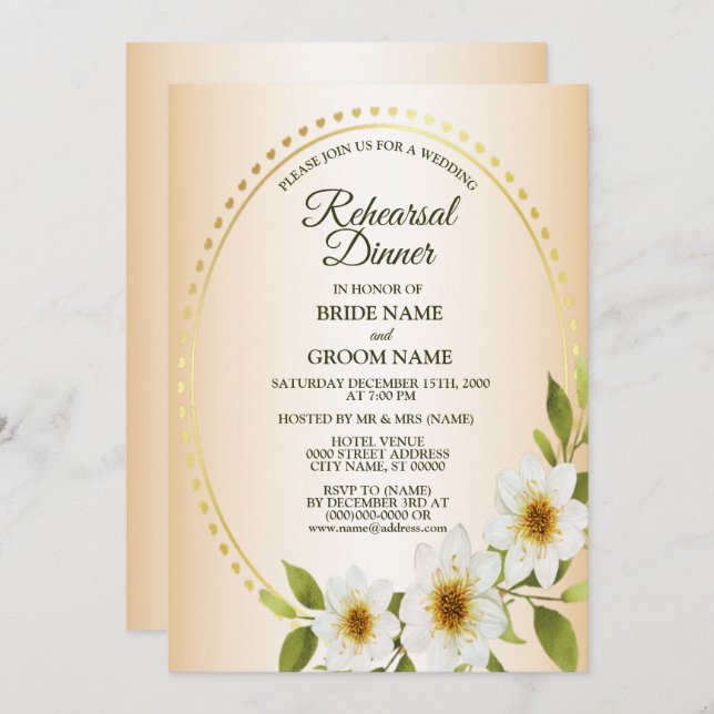 Invitation Wedding Golden White Floral Peach Rehearsal Dinner (Devant / Derrière)