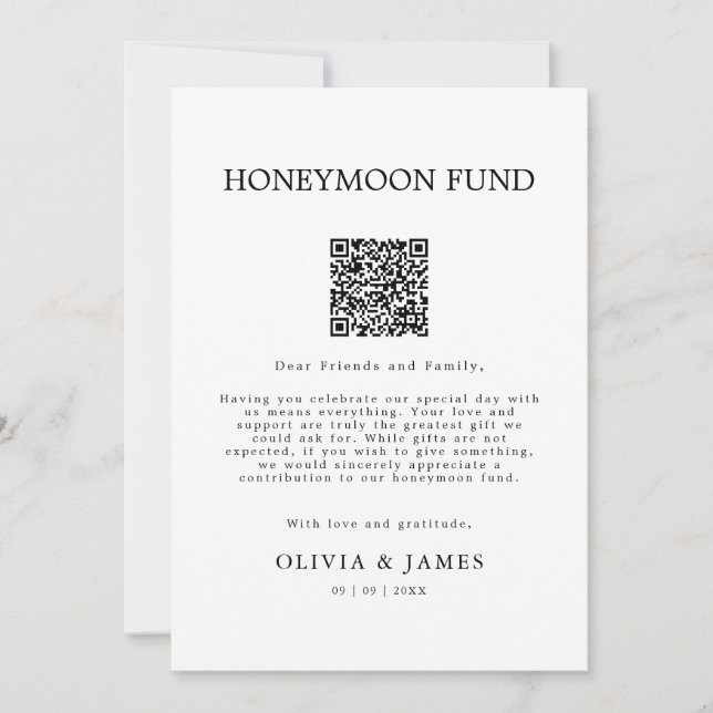 Invitation Wedding Honeymoon Honeymoon Fund QR Code Sign,  (Devant)
