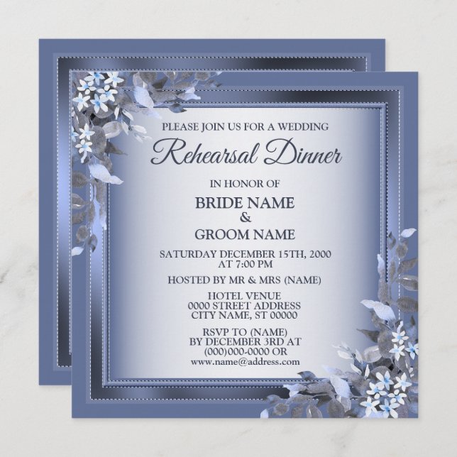 Invitation Wedding Navy Blue Floral Silver Rehearsal Dinner (Devant / Derrière)