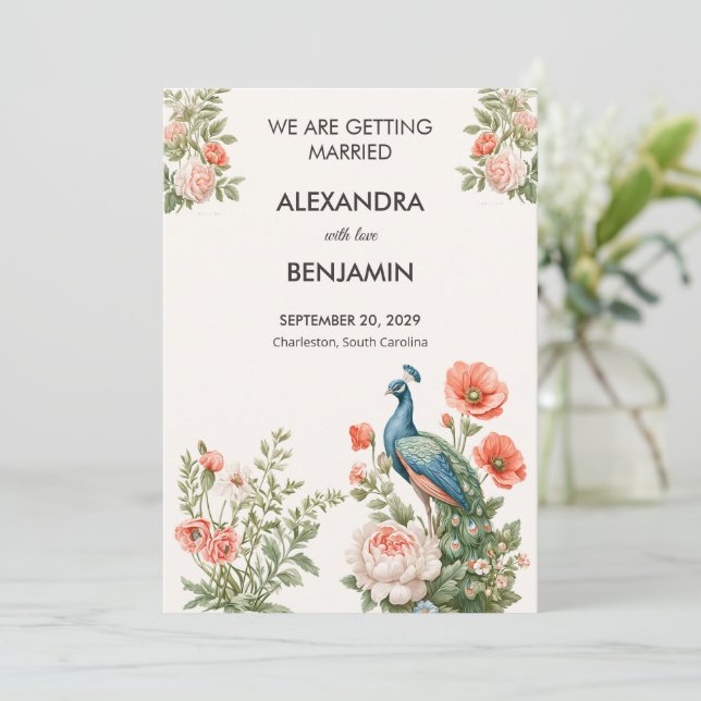 Invitation Wedding Peacock Botanical Vintage | Announcement (Debout devant)