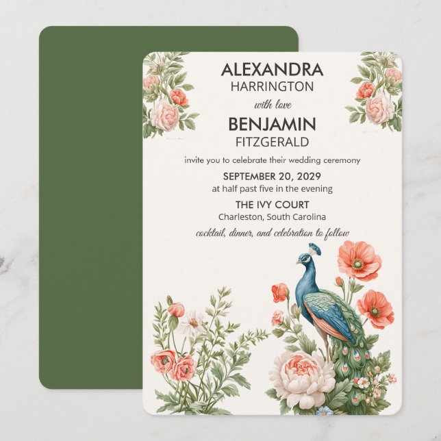 Invitation Wedding Peacock Botanical | Vintage Floral Art (Devant / Derrière)