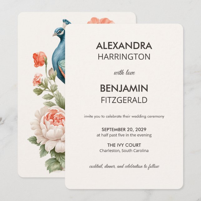 Invitation Wedding Peacock Botanical | Vintage Floral Art (Devant / Derrière)