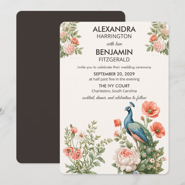 Invitation Wedding Peacock Botanical | Vintage Floral Art (Devant / Derrière)