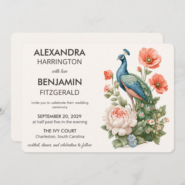 Invitation Wedding Peacock Botanical | Vintage Floral Art (Devant / Derrière)