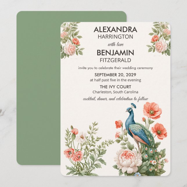 Invitation Wedding Peacock Botanical | Vintage Floral Art (Devant / Derrière)
