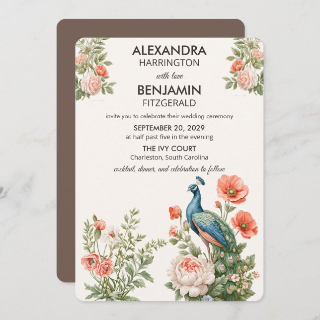 Invitation Wedding Peacock Botanical | Vintage Floral Art (Devant / Derrière)