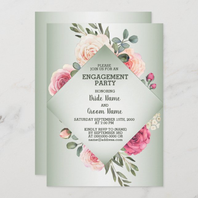 Invitation Wedding Pink Floral Rustic Green Engagement Party (Devant / Derrière)