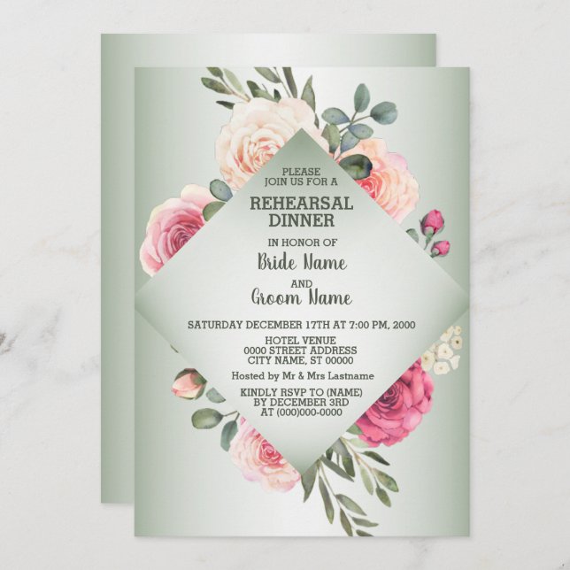 Invitation Wedding Pink Floral Rustic Green Rehearsal Dinner (Devant / Derrière)