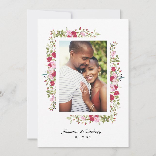 Invitation Wedding Pink & Red Shades Flowers & Branches Photo (Devant)