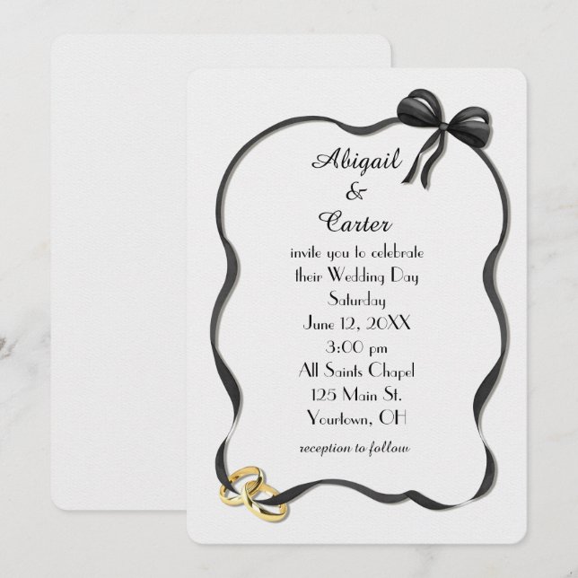 Invitation Wedding Rings and Bow Frame On White (Devant / Derrière)
