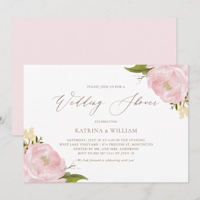 Invitation Wedding shower Aquarelle Pink Peonies (Devant / Derrière)