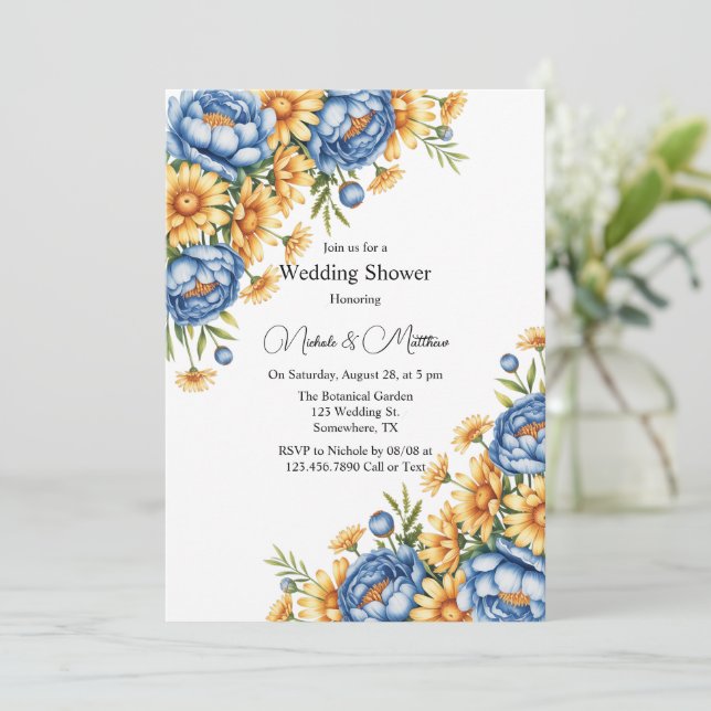 Invitation Wedding shower Blue Peony et Yellow Daisy (Debout devant)