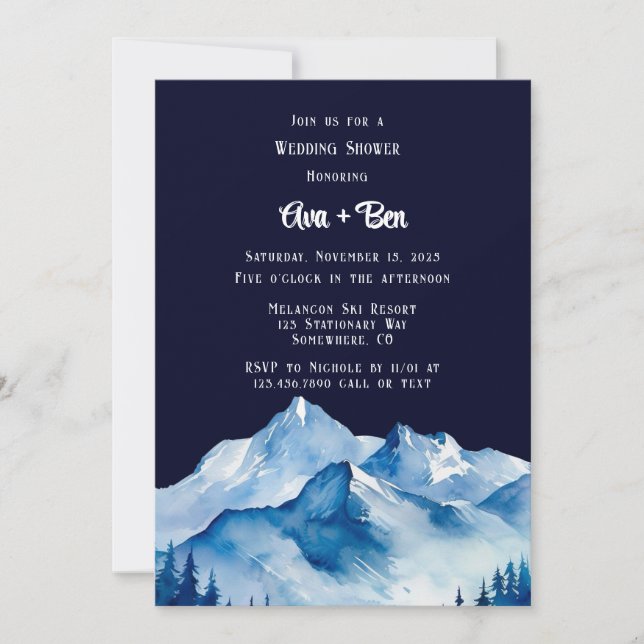 Invitation Wedding shower Blue White Snowy Mountains (Devant)