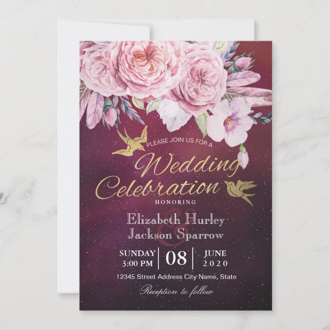 Invitation Wedding shower Boho Plumes florales Bourgogne Roug (Devant)