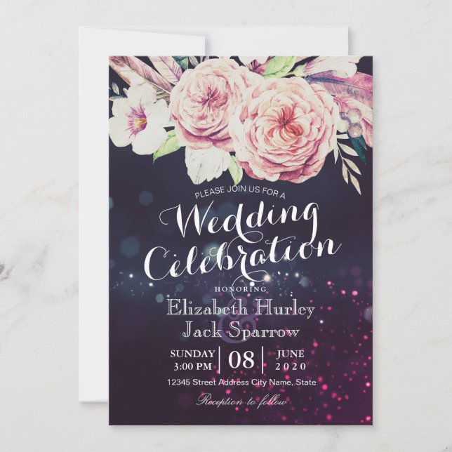 Invitation Wedding shower Boho Plumes florales et lumières vi (Devant)
