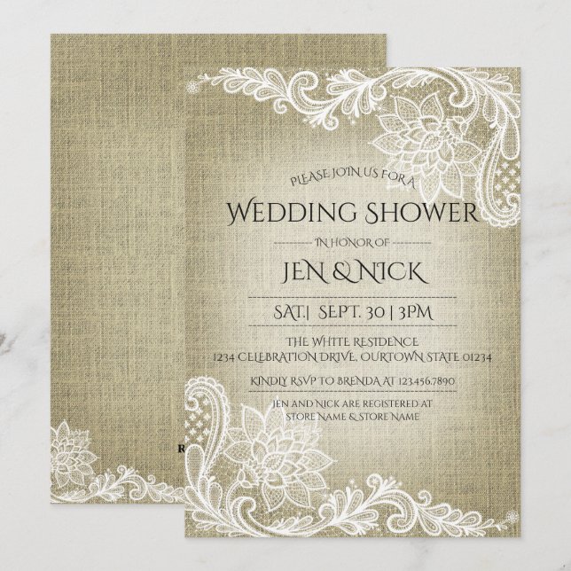 Invitation Wedding shower Burlap et Lace (Devant / Derrière)