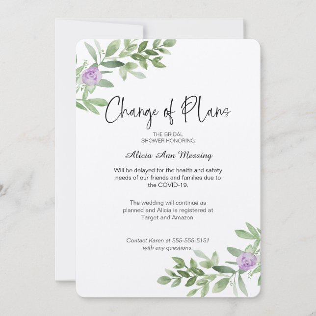 Invitation Wedding shower Changement de plan lavande (Devant)