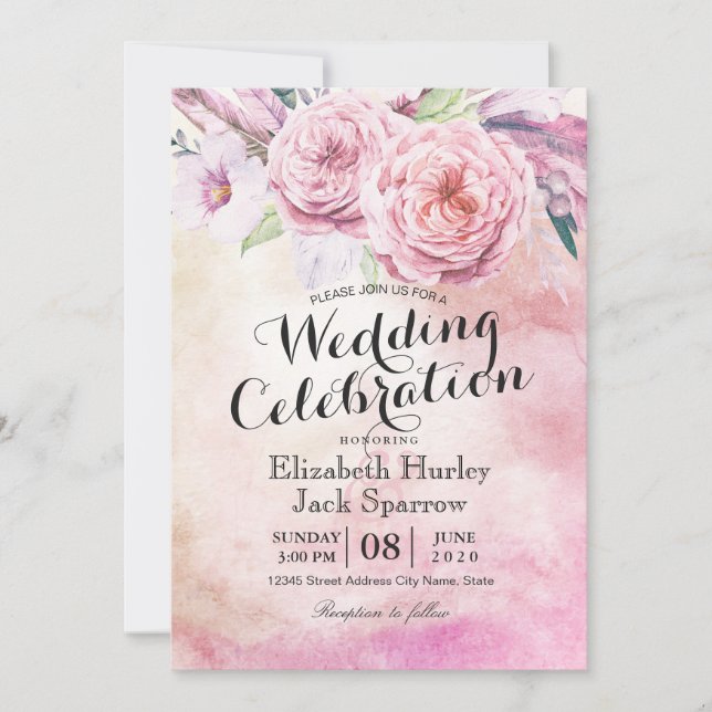 Invitation Wedding shower Chic Aquarelle Boho Plumes florales (Devant)
