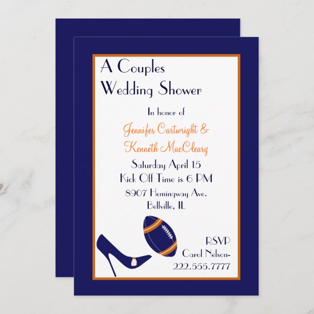 Invitation Wedding shower Couples de football Blue & Orange (Devant / Derrière)