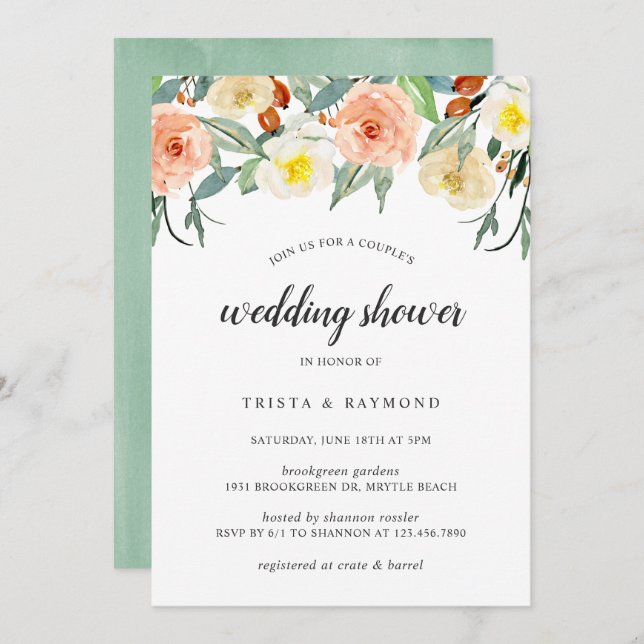 Invitation Wedding shower Couples floraux de l'aquarelle de p (Devant / Derrière)