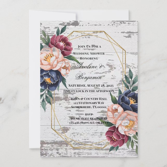 Invitation Wedding shower de bois de la marine de Bourgogne r (Devant)