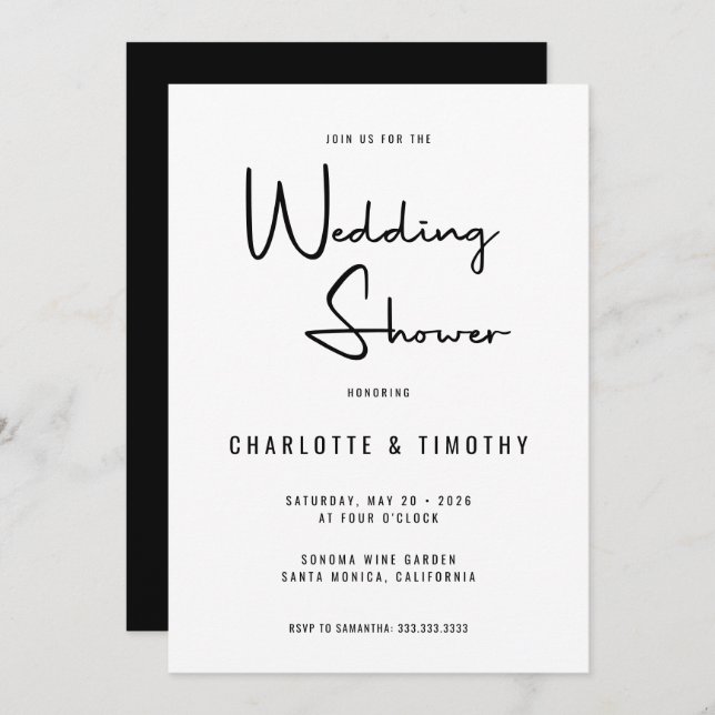 Invitation Wedding shower de calligraphie moderne minimaliste (Devant / Derrière)