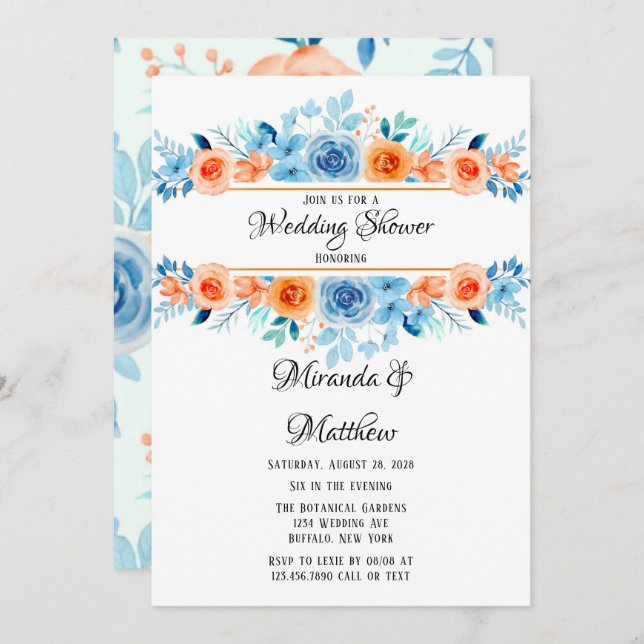 Invitation Wedding shower de fleurs bleu orange vernis (Devant / Derrière)