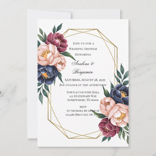 Invitation Wedding shower de la marine Bourgogne rose (Devant)