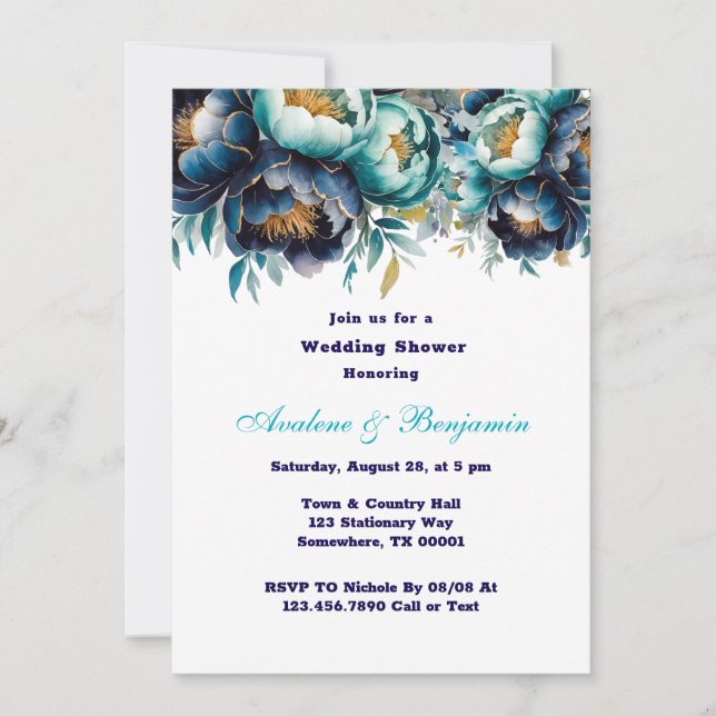 Invitation Wedding shower de la Peony bleu marine turquoise (Devant)