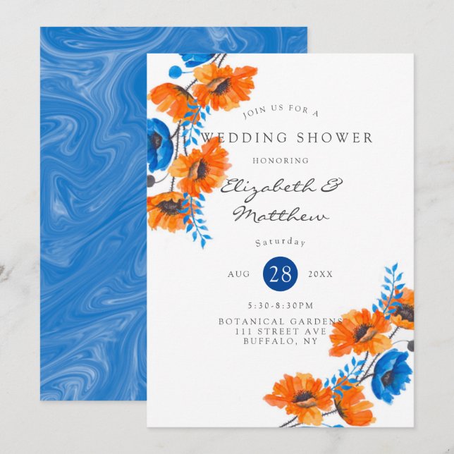 Invitation Wedding shower de Poppy bleu et orange (Devant / Derrière)