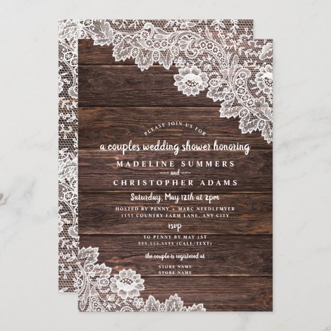 Invitation wedding shower de Rustic Lace et Wood (Devant / Derrière)