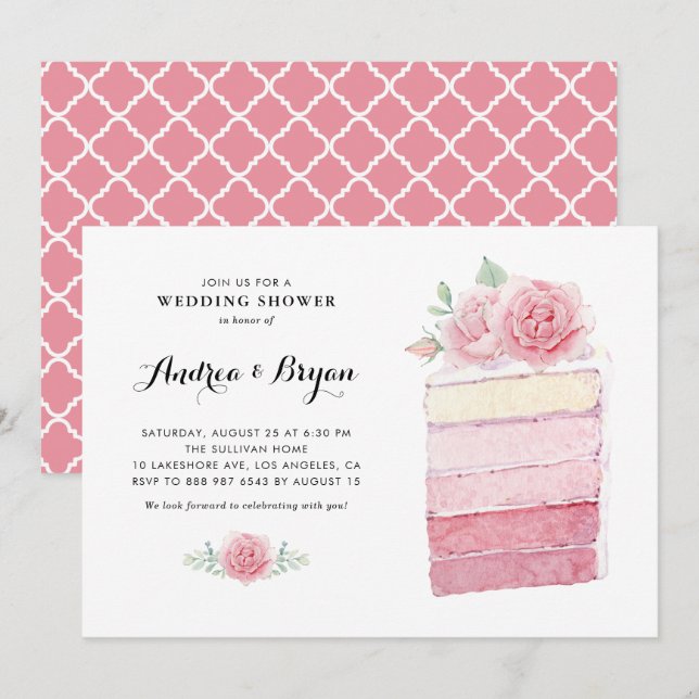 Invitation Wedding shower de tranche de gâteau rose d'aquarel (Devant / Derrière)
