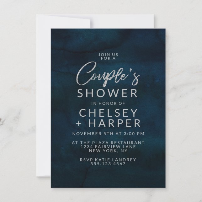 Invitation Wedding shower du couple bleu argenté de la marine (Devant)