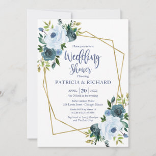 Invitation Wedding shower floral bleu bleu géométrique doré