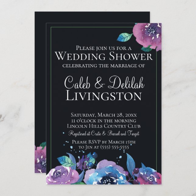 Invitation Wedding shower floral bleu foncé violet (Devant / Derrière)