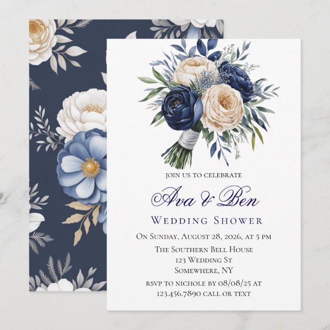 Invitation Wedding shower floral bleu marine et ivoire (Devant / Derrière)