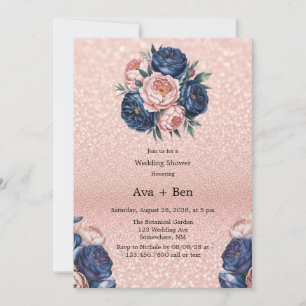Invitation Wedding shower floral bleu marine et Rose or