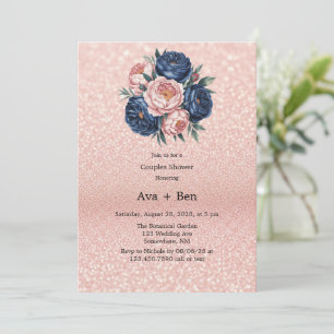 Invitation Wedding shower floral bleu marine et Rose or